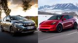 Όταν, Dacia Sandero, Tesla Model Y,otan, Dacia Sandero, Tesla Model Y