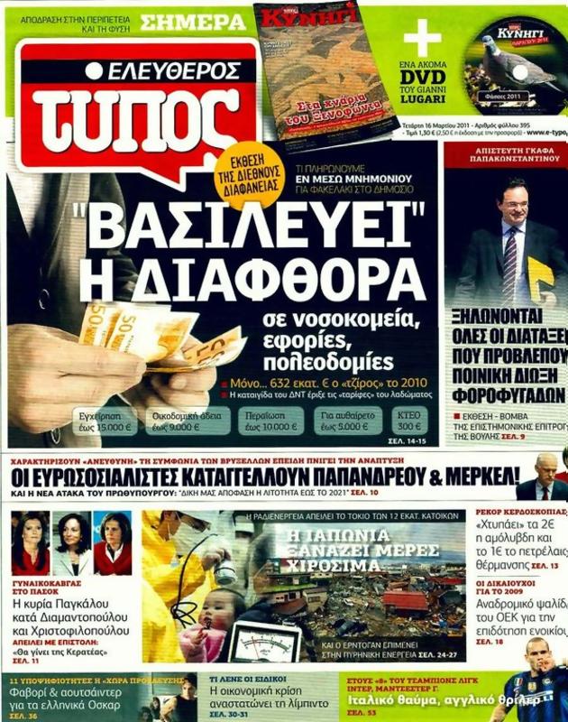 Πρωτοσέλιδο Ελεύθερος Τύπος