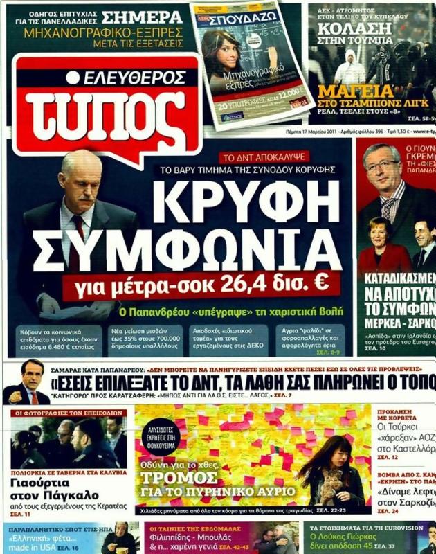 Πρωτοσέλιδο Ελεύθερος Τύπος