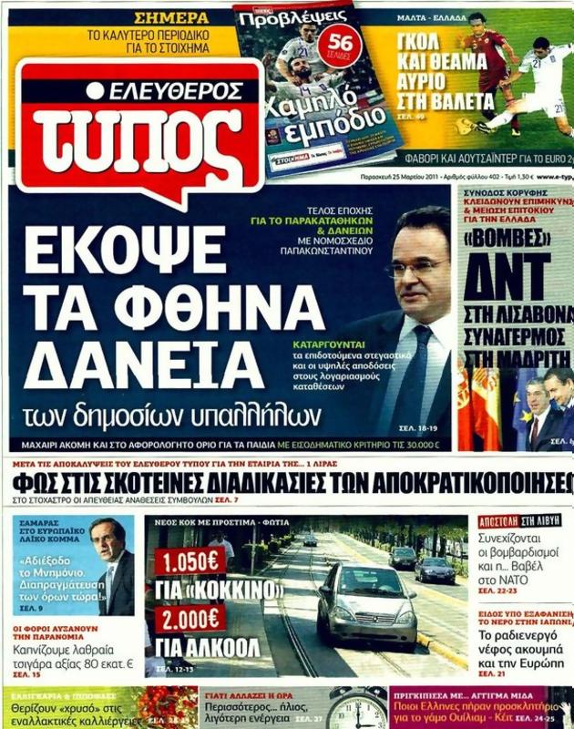 Πρωτοσέλιδο Ελεύθερος Τύπος
