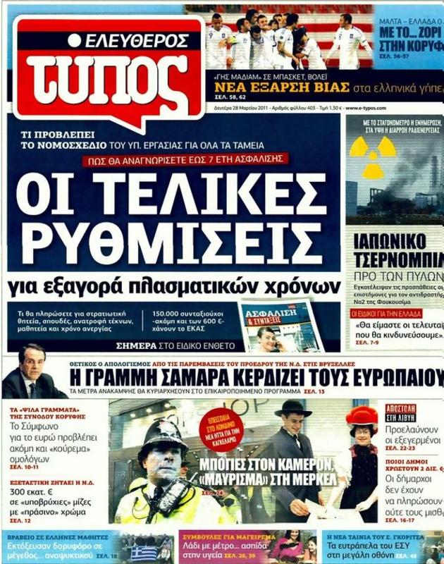 Πρωτοσέλιδο Ελεύθερος Τύπος