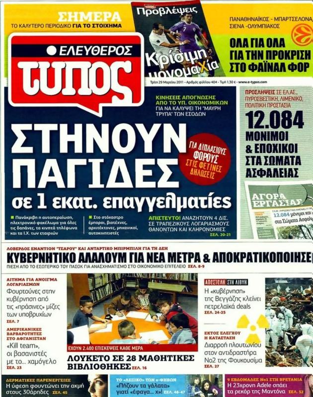 Πρωτοσέλιδο Ελεύθερος Τύπος