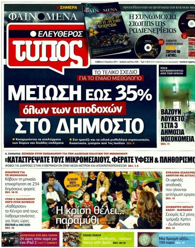 Πρωτοσέλιδο Ελεύθερος Τύπος