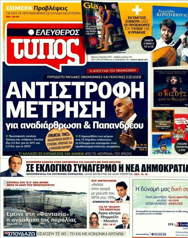 Πρωτοσέλιδο Ελεύθερος Τύπος
