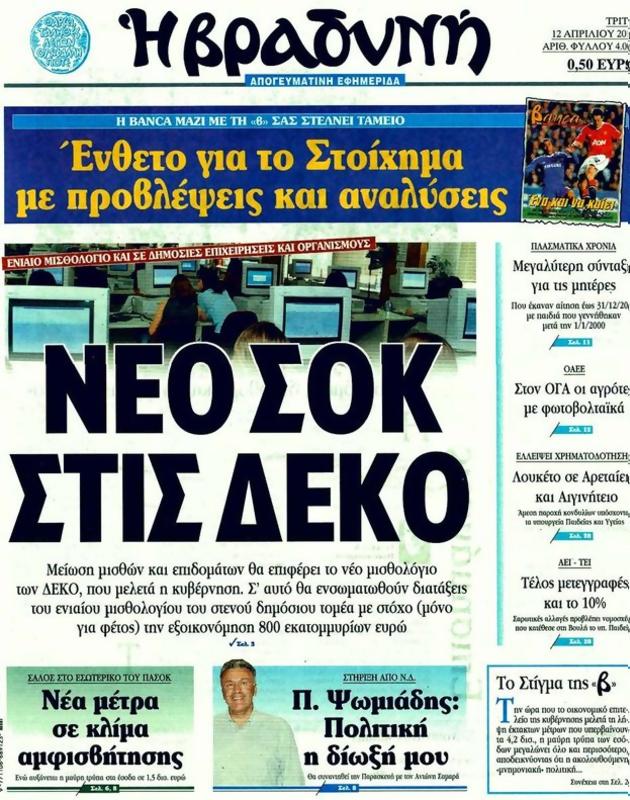 Πρωτοσέλιδο Η Βραδυνή