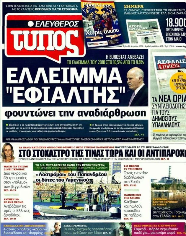 Πρωτοσέλιδο Ελεύθερος Τύπος