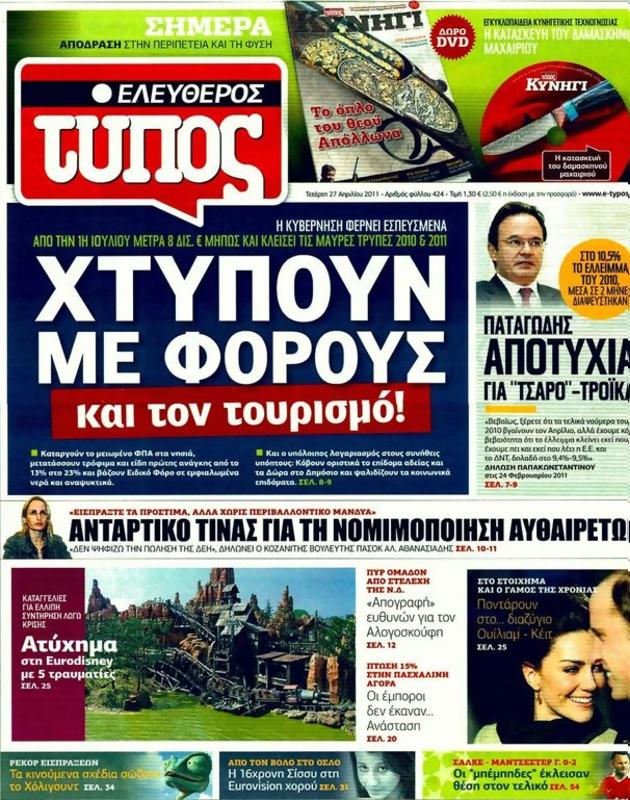 Πρωτοσέλιδο Ελεύθερος Τύπος
