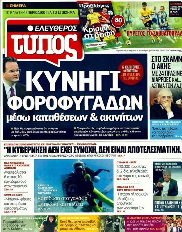 Πρωτοσέλιδο Ελεύθερος Τύπος
