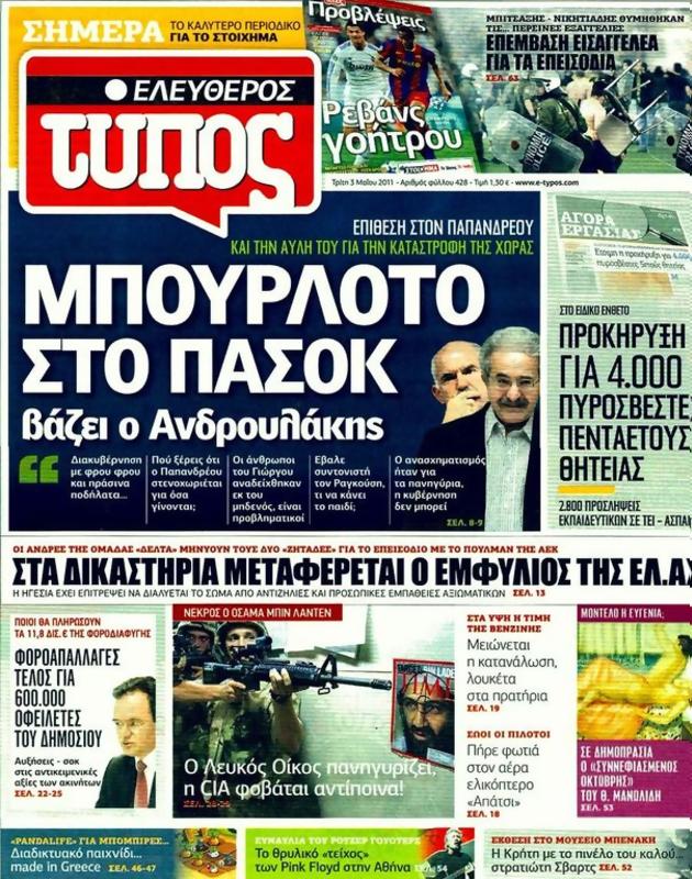 Πρωτοσέλιδο Ελεύθερος Τύπος