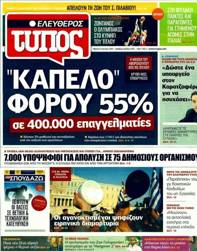 Πρωτοσέλιδο Ελεύθερος Τύπος