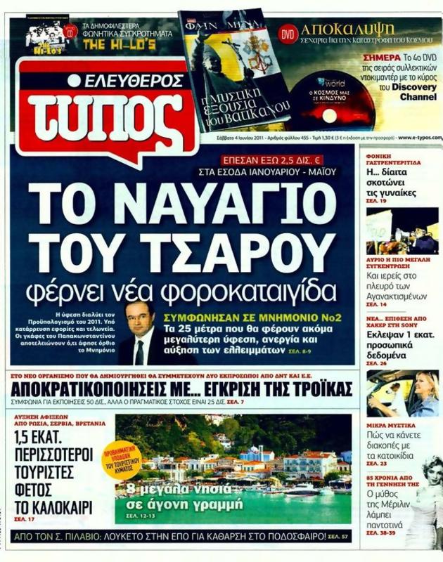 Πρωτοσέλιδο Ελεύθερος Τύπος
