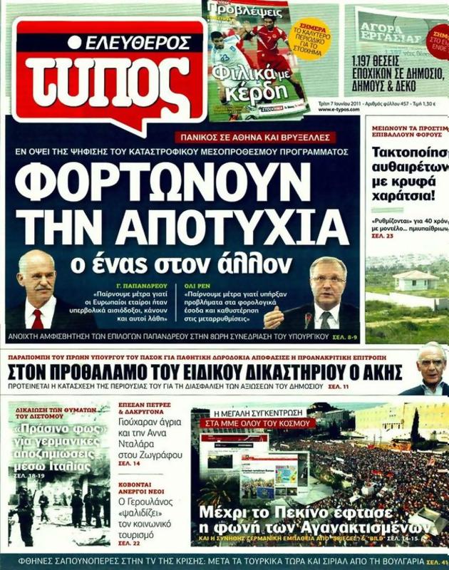 Πρωτοσέλιδο Ελεύθερος Τύπος