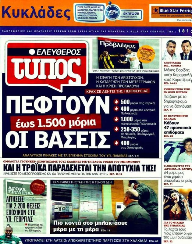 Πρωτοσέλιδο Ελεύθερος Τύπος