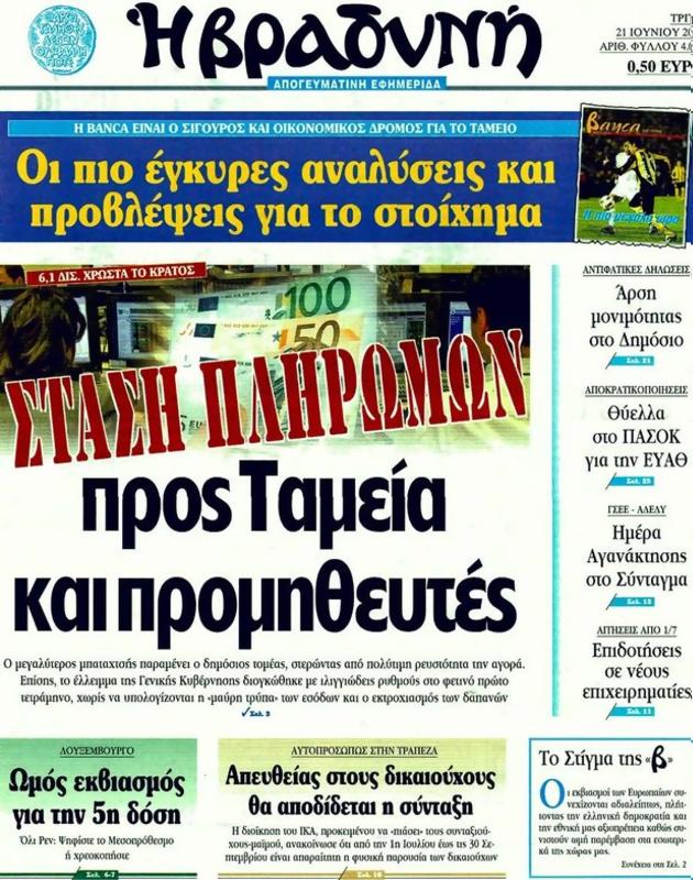 Πρωτοσέλιδο Η Βραδυνή