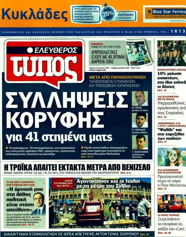 Πρωτοσέλιδο Ελεύθερος Τύπος