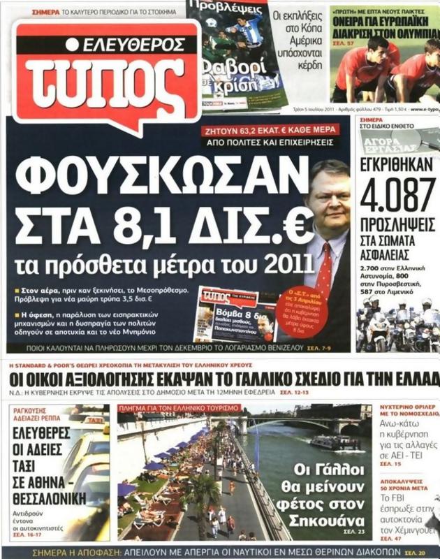 Πρωτοσέλιδο Ελεύθερος Τύπος