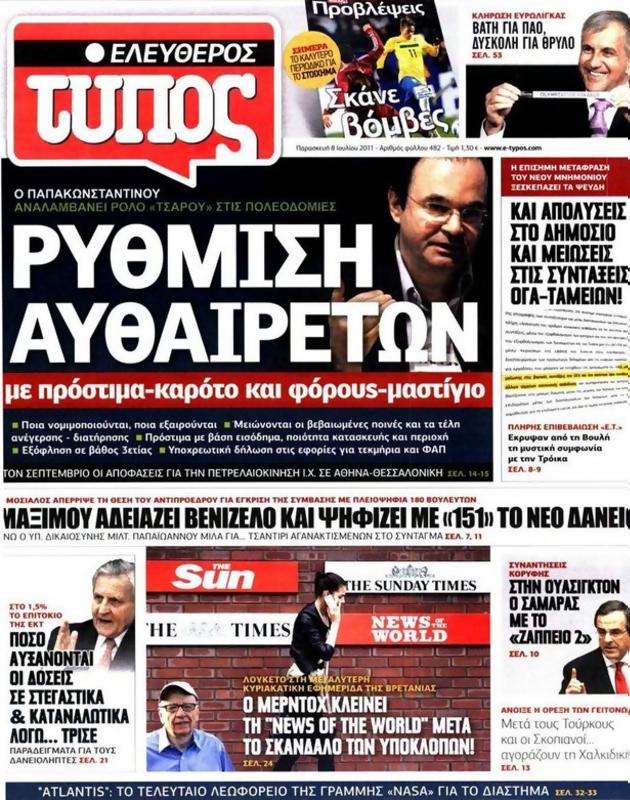Πρωτοσέλιδο Ελεύθερος Τύπος
