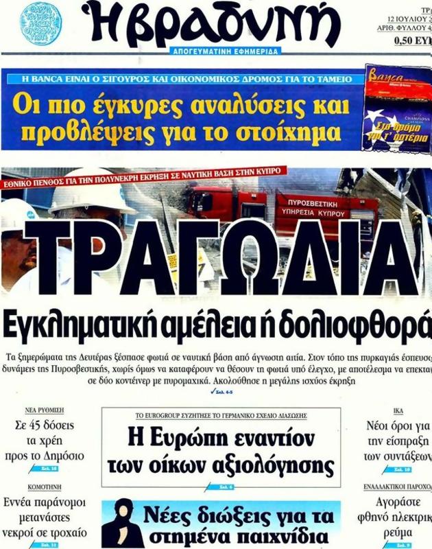 Πρωτοσέλιδο Η Βραδυνή