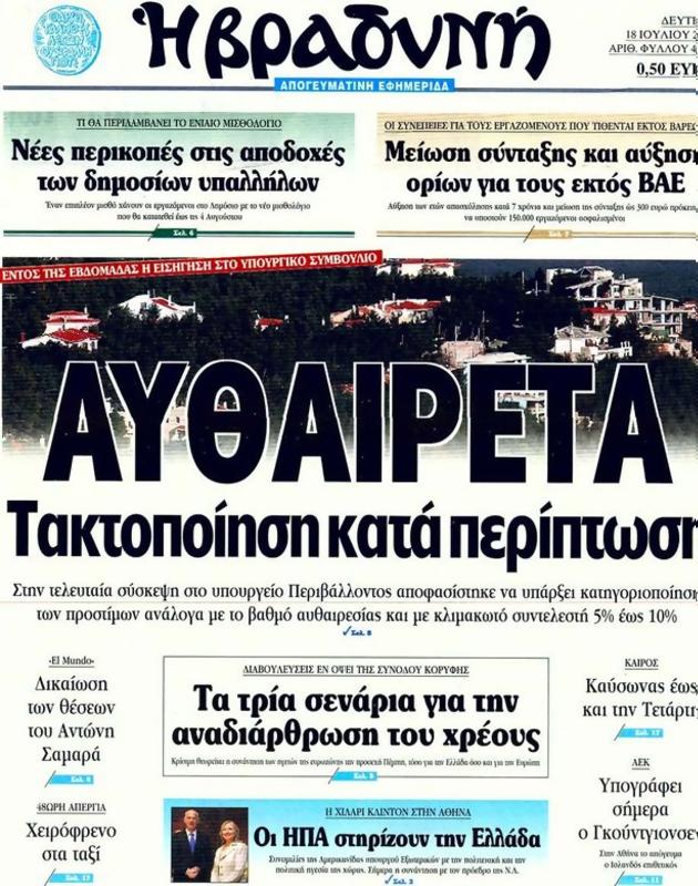 Πρωτοσέλιδο Η Βραδυνή