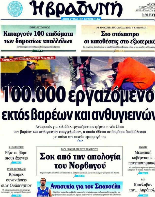 Πρωτοσέλιδο Η Βραδυνή