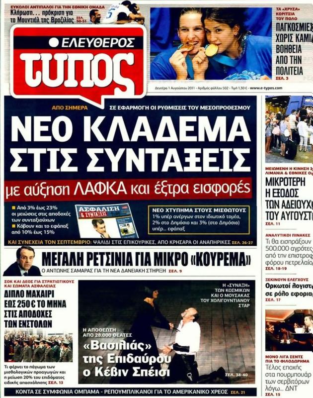 Πρωτοσέλιδο Ελεύθερος Τύπος