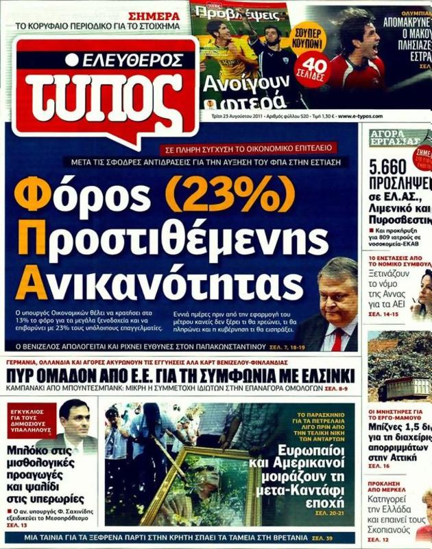 Πρωτοσέλιδο Ελεύθερος Τύπος