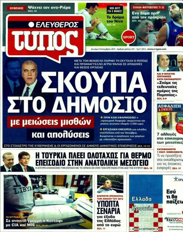 Πρωτοσέλιδο Ελεύθερος Τύπος