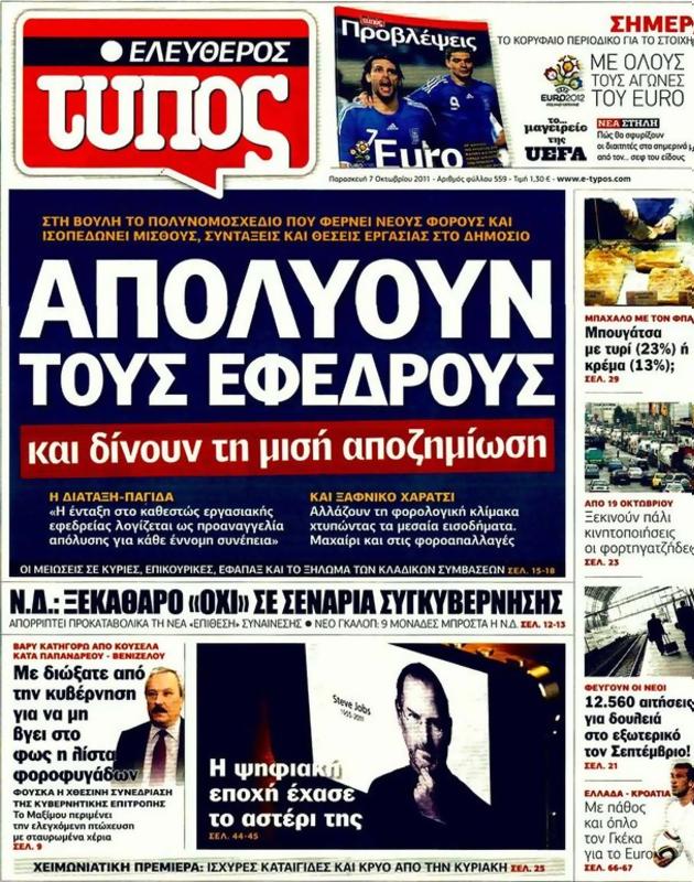 Πρωτοσέλιδο Ελεύθερος Τύπος