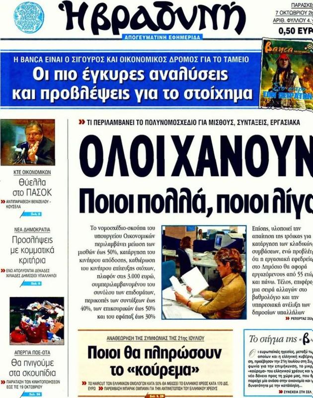Πρωτοσέλιδο Η Βραδυνή
