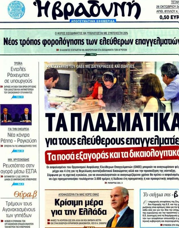 Πρωτοσέλιδο Η Βραδυνή