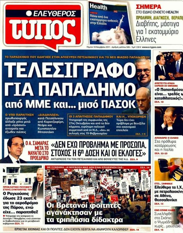 Πρωτοσέλιδο Ελεύθερος Τύπος