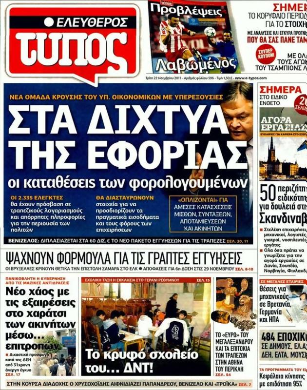 Πρωτοσέλιδο Ελεύθερος Τύπος