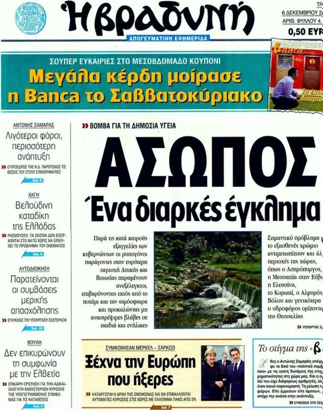 Πρωτοσέλιδο Η Βραδυνή