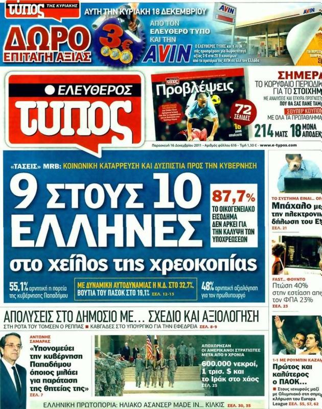 Πρωτοσέλιδο Ελεύθερος Τύπος