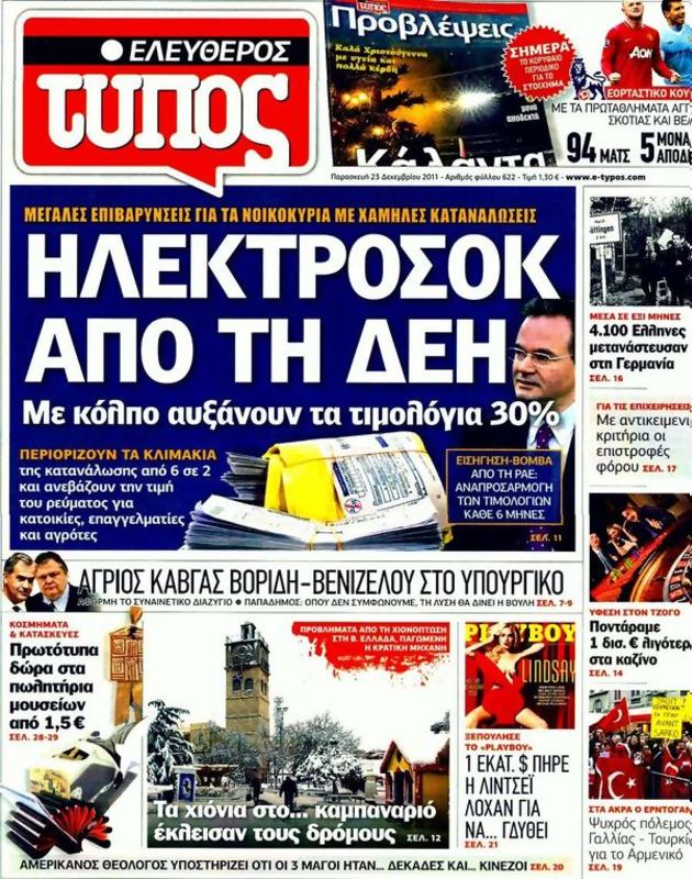 Πρωτοσέλιδο Ελεύθερος Τύπος