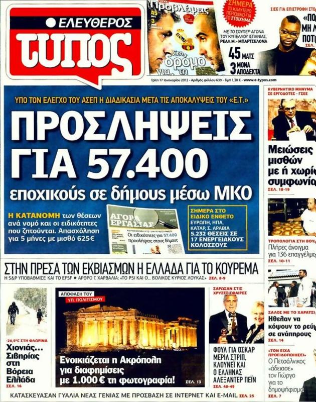 Πρωτοσέλιδο Ελεύθερος Τύπος