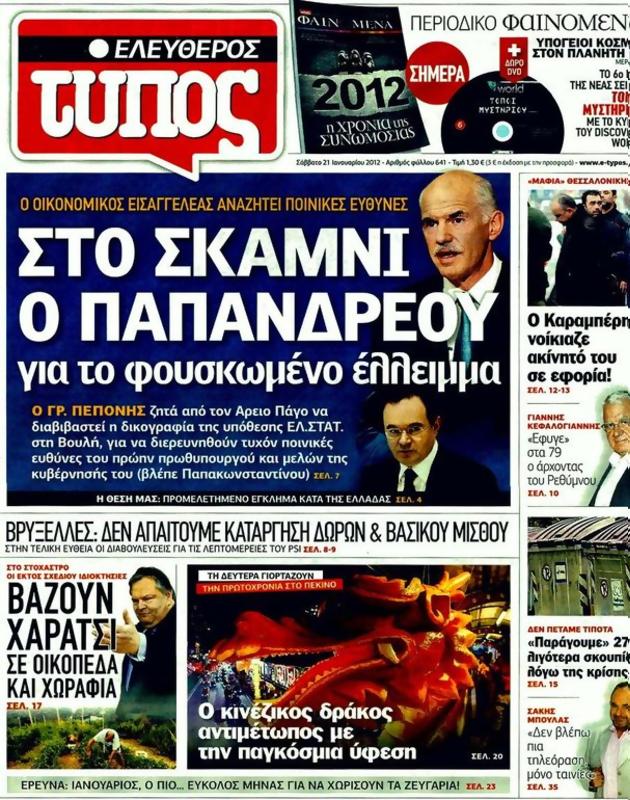 Πρωτοσέλιδο Ελεύθερος Τύπος