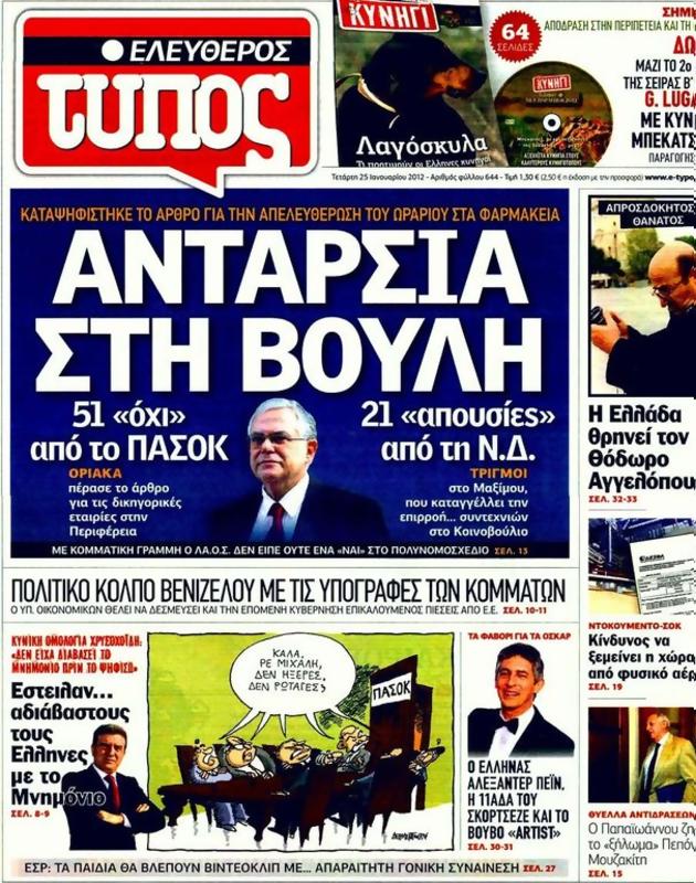 Πρωτοσέλιδο Ελεύθερος Τύπος