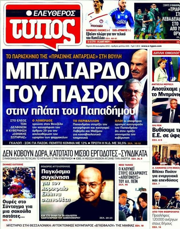 Πρωτοσέλιδο Ελεύθερος Τύπος