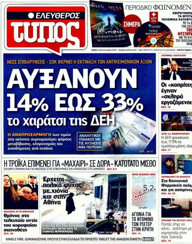 Πρωτοσέλιδο Ελεύθερος Τύπος