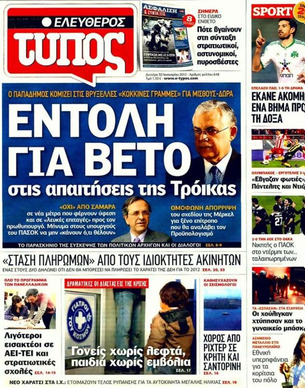 Πρωτοσέλιδο Ελεύθερος Τύπος