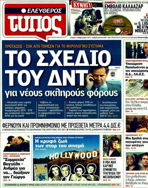 Πρωτοσέλιδο Ελεύθερος Τύπος