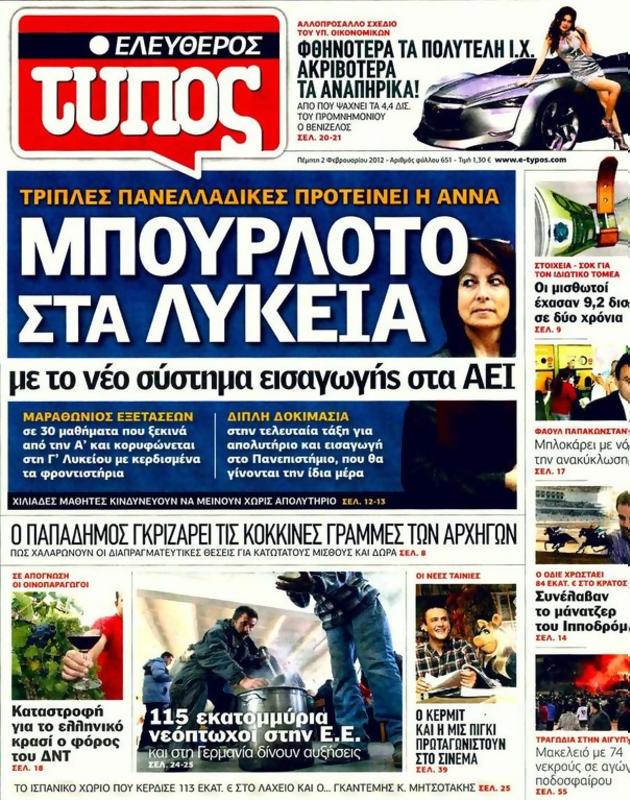 Πρωτοσέλιδο Ελεύθερος Τύπος