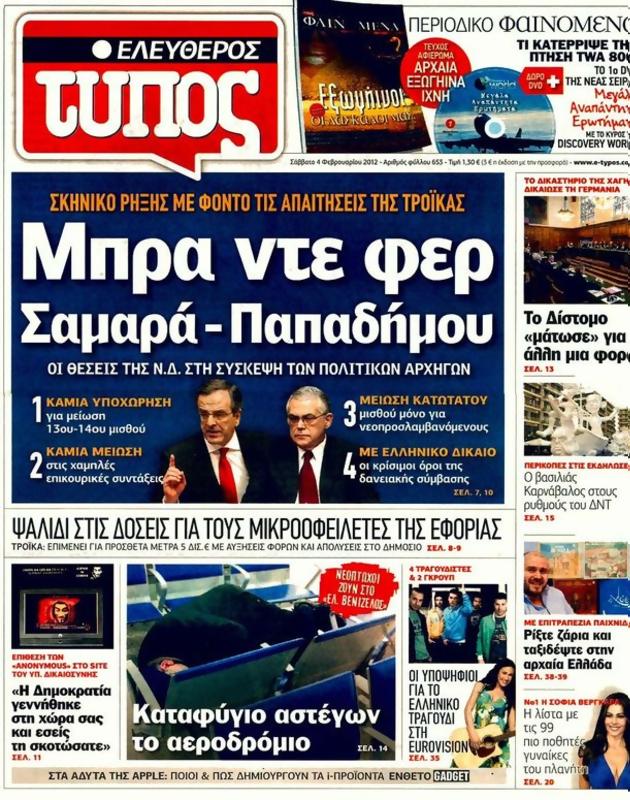 Πρωτοσέλιδο Ελεύθερος Τύπος