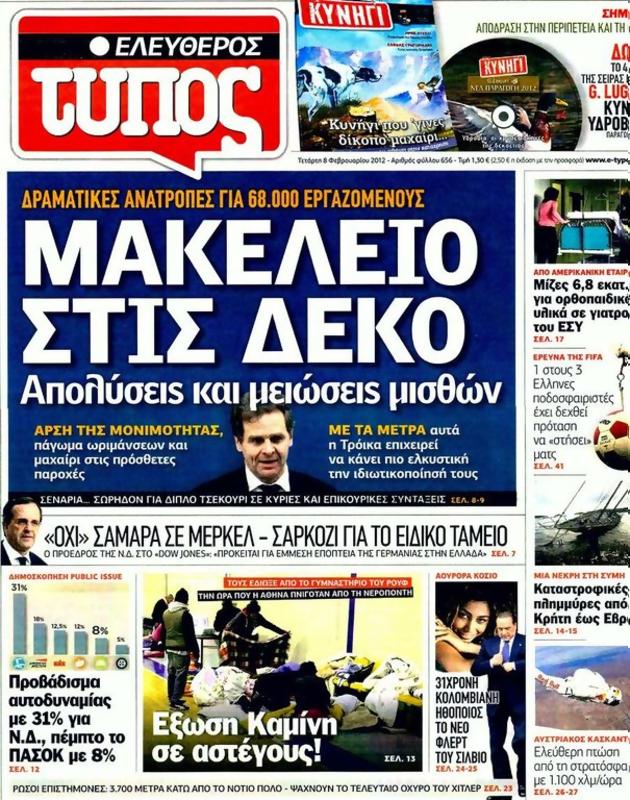 Πρωτοσέλιδο Ελεύθερος Τύπος