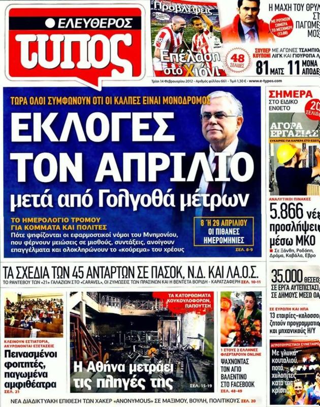 Πρωτοσέλιδο Ελεύθερος Τύπος