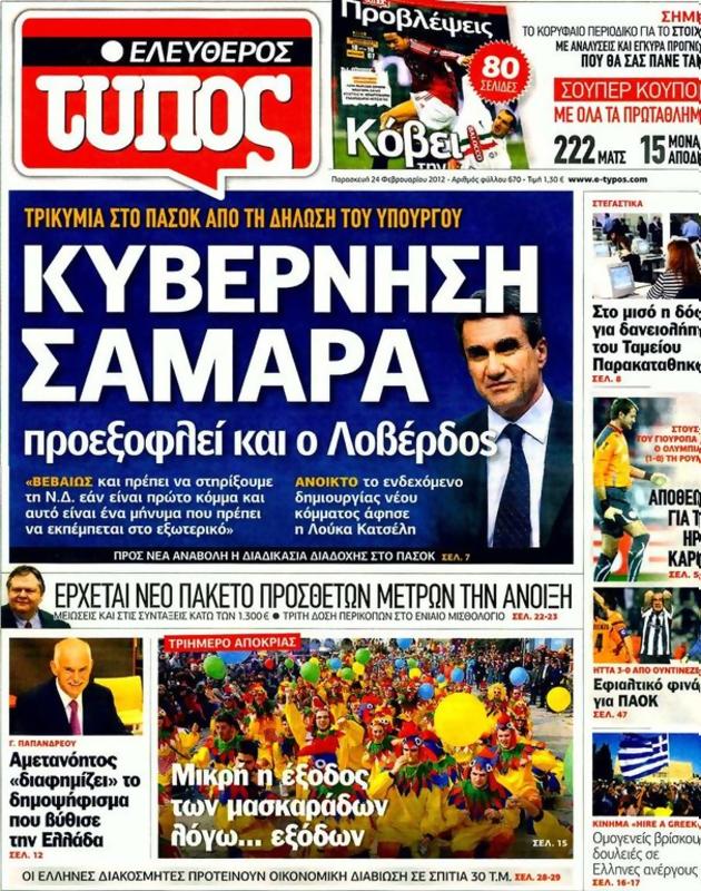 Πρωτοσέλιδο Ελεύθερος Τύπος