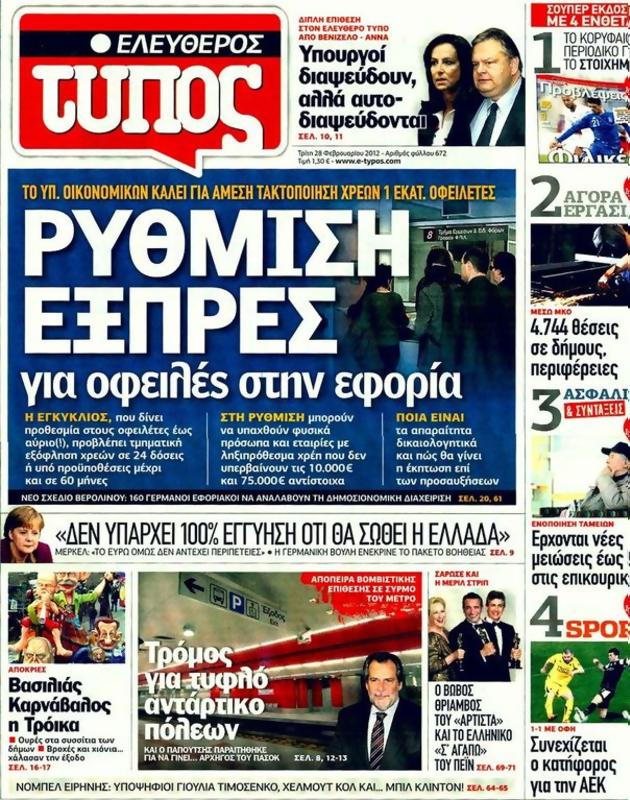 Πρωτοσέλιδο Ελεύθερος Τύπος