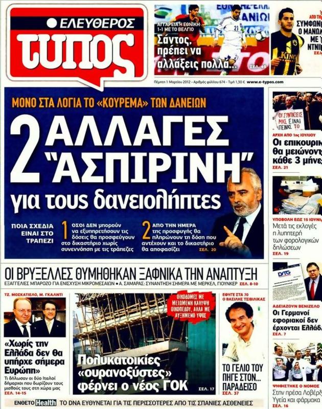Πρωτοσέλιδο Ελεύθερος Τύπος
