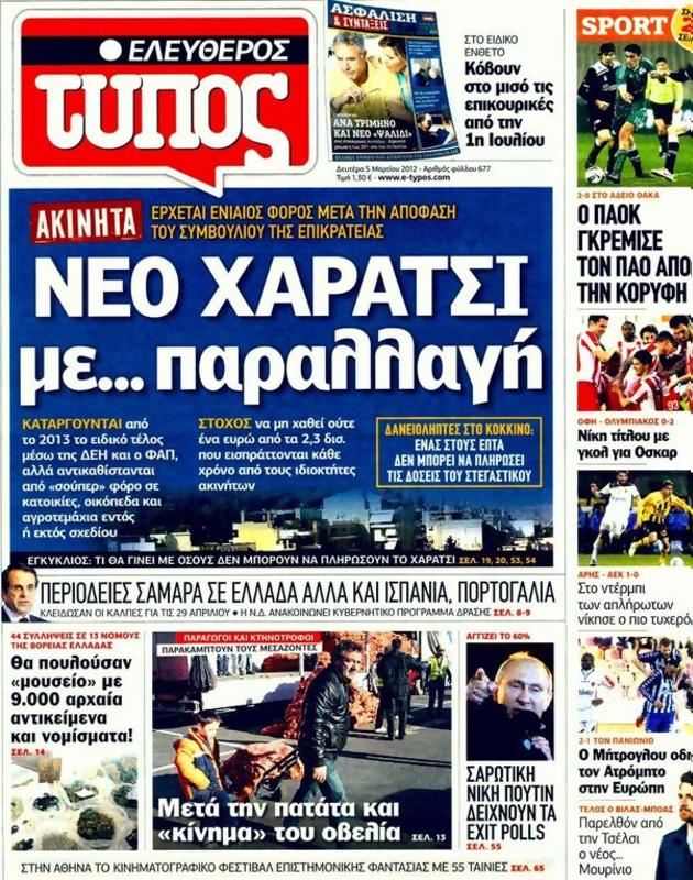 Πρωτοσέλιδο Ελεύθερος Τύπος